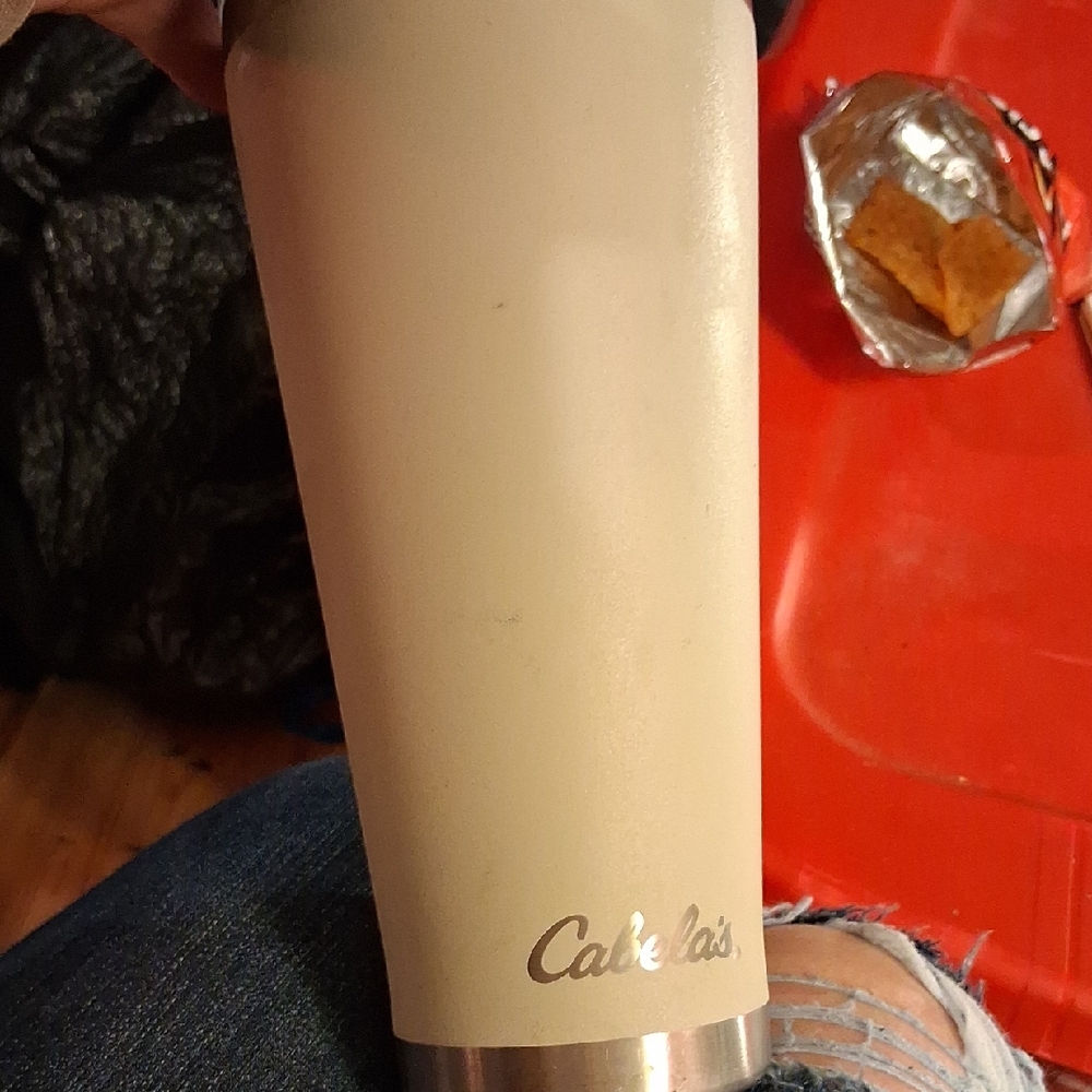 Cabela's Cream Insulated Stainless Tumbler With Can Opener On  The Bottom